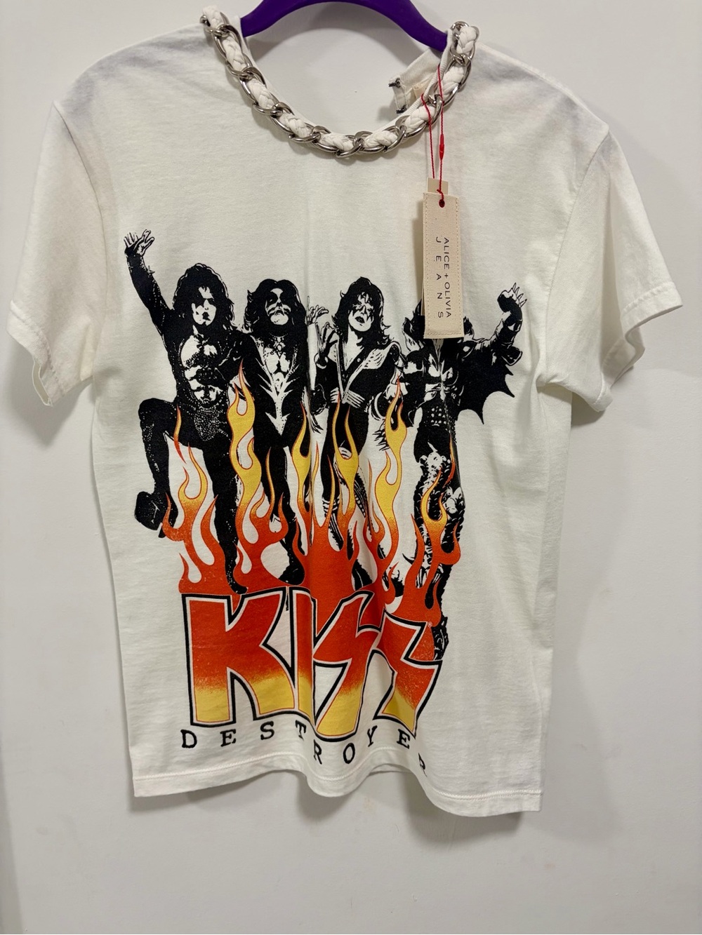 Alice + Olivia White Graphic Tee with Black Band Print and Orange-Yellow Flames